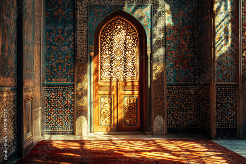 A Glimpse of Serenity: Sunlight Illuminates a Beautifully Decorated Mihrab in an Ancient Mosque. photo