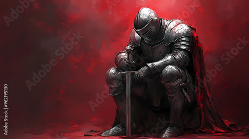A knight in heavy metal armor knelt on one knee. Knight. Illustration photo