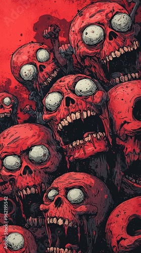 Grotesque red zombie skulls with intense, bulging eyes and horrifying expressions. The image evokes a sense of horror and the macabre, perfect for thriller contexts. photo