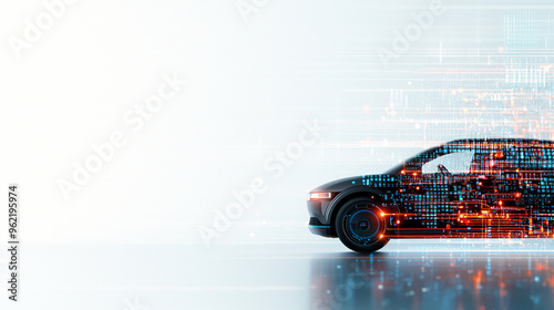A highly detailed illustration of an autonomous vehicle navigating through a smart city, with glowing sensors and data streams representing its connection 