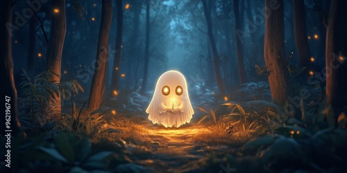 A cute, skittish ghost holding a candle in a dark forest with glowing eyes and an eerie atmosphere halloween photo