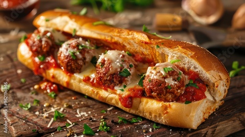 A close-up of a delicious meatball sub with melted cheese, marinara sauce, and fresh parsley.