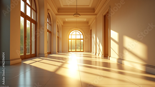 A vibrant and spacious modern hallway filled with warm sunlight streaming through large windows, casting intricate shadows on the floor.