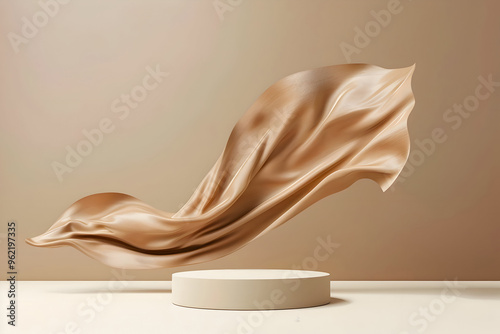 Round Beige podium with cream flying silk cloth display mockup for cosmetics beauty 