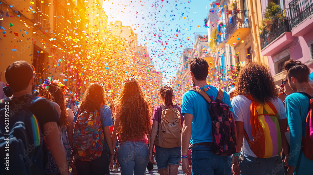 A group of LGBTQ+ friends celebrating together at a Pride Parade, surrounded by colorful and joyful atmosphere A group of LGBTQ+ friends celebrating together at a Pride Parade, surrounded by colorful and joyful atmosphere