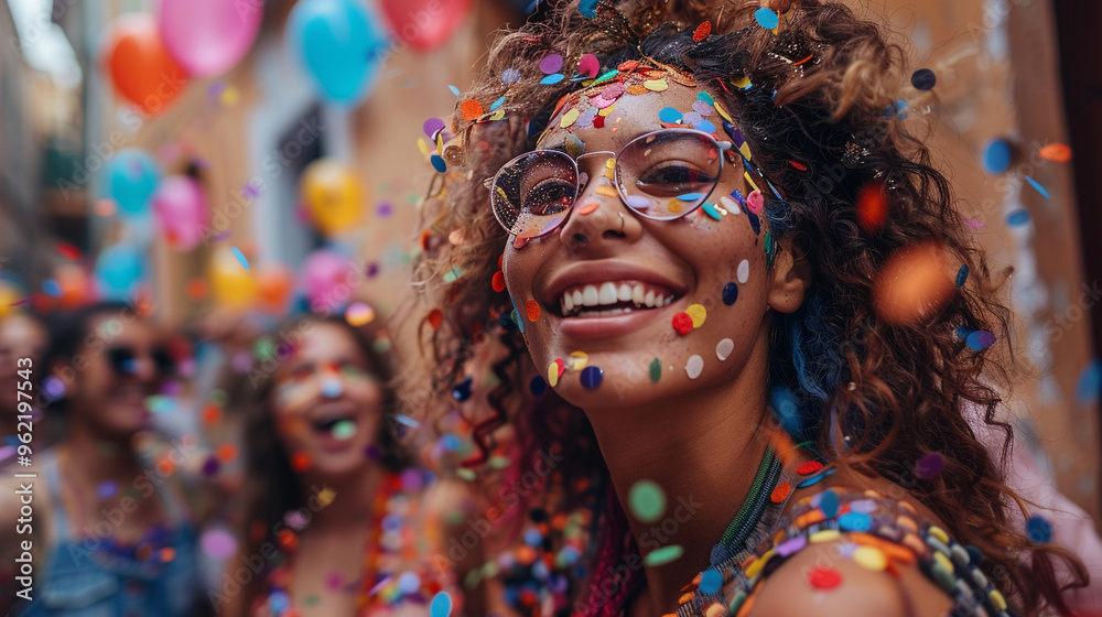 A group of LGBTQ+ friends celebrating together at a Pride Parade, surrounded by colorful and joyful atmosphere A group of LGBTQ+ friends celebrating together at a Pride Parade, surrounded by colorful and joyful atmosphere