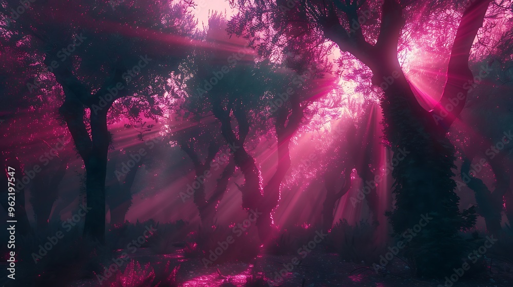 Fototapeta premium A dark olive forest illuminated by mysterious neon pink light rays shining through the trees, creating an otherworldly scene