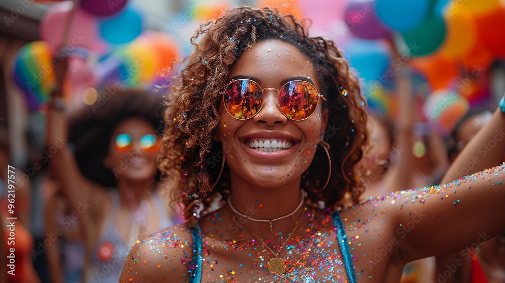 A group of LGBTQ+ friends celebrating together at a Pride Parade, surrounded by colorful and joyful atmosphere A group of LGBTQ+ friends celebrating together at a Pride Parade, surrounded by colorful and joyful atmosphere