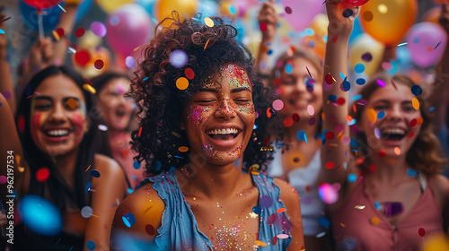 A group of LGBTQ+ friends celebrating together at a Pride Parade, surrounded by colorful and joyful atmosphere