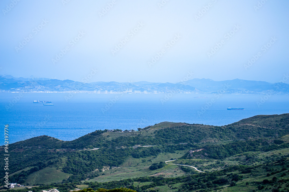 Panoramic view of Gibraltar Strait from Spanish side in Tarifa, Spain Panoramic view of Gibraltar Strait from Spanish side in Tarifa, Spain