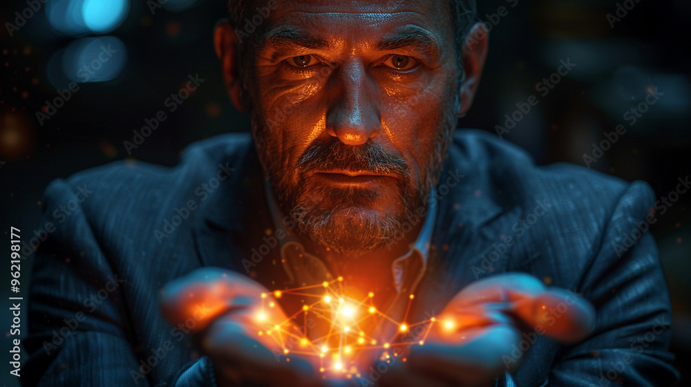 Portrait of a businessman holding a holographic financial symbol with a dark solid background Portrait of a businessman holding a holographic financial symbol with a dark solid background
