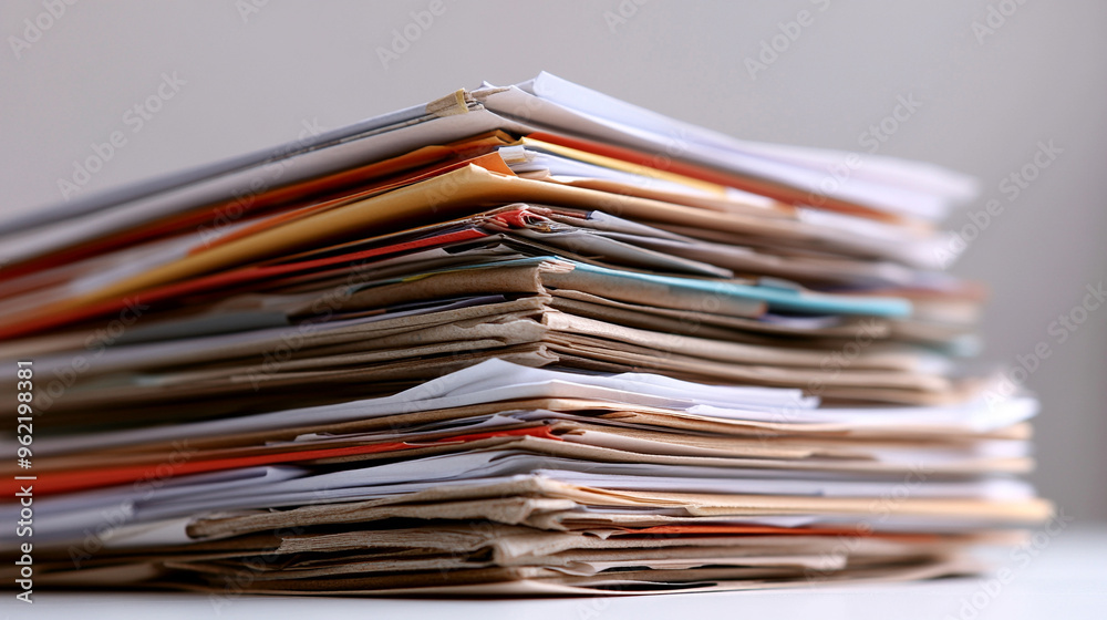 A neat stack of business reports and documents on a clean, white desk. A neat stack of business reports and documents on a clean, white desk.