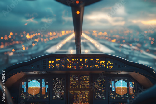 Airplane cockpit view during landing approach, pilot's perspective with illuminated flight instruments, aviation technology, night landing, runway lights, aircraft navigation, cockpit scene

