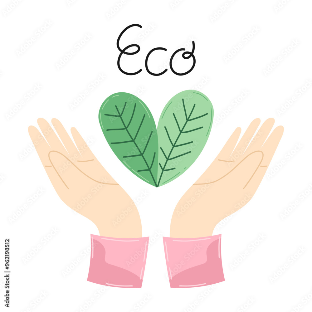 Fototapeta premium Hands holding heart of green leaves with eco lettering in Ecological concept. Zero waste and recycling modern trendy sustainable lifestyle. For postcards, banners, posters.