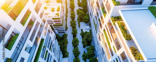 Aerial view of interconnected green business districts, sustainable economic zones, eco-urban planning photo