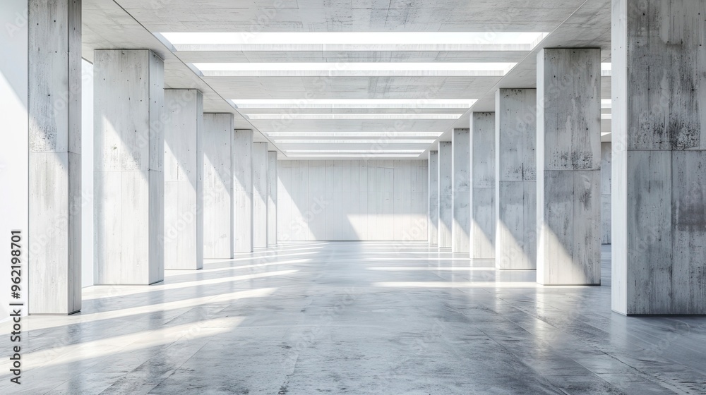 Modern Huge Concrete Material Empty Hall With Many Columns And Big White Glowing Windows Wallpaper Space For Text 3D Rendering Modern Huge Concrete Material Empty Hall With Many Columns And Big White Glowing Windows Wallpaper Space For Text 3D Rendering