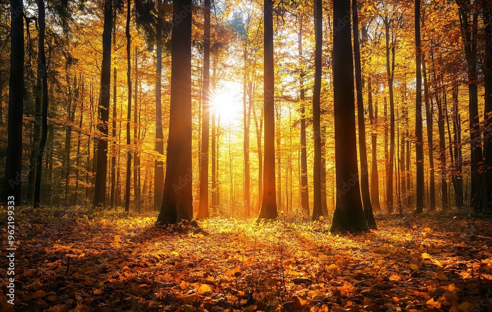 Golden Autumn Forest in Tranquil Light, AI generated illustration Golden Autumn Forest in Tranquil Light, AI generated illustration