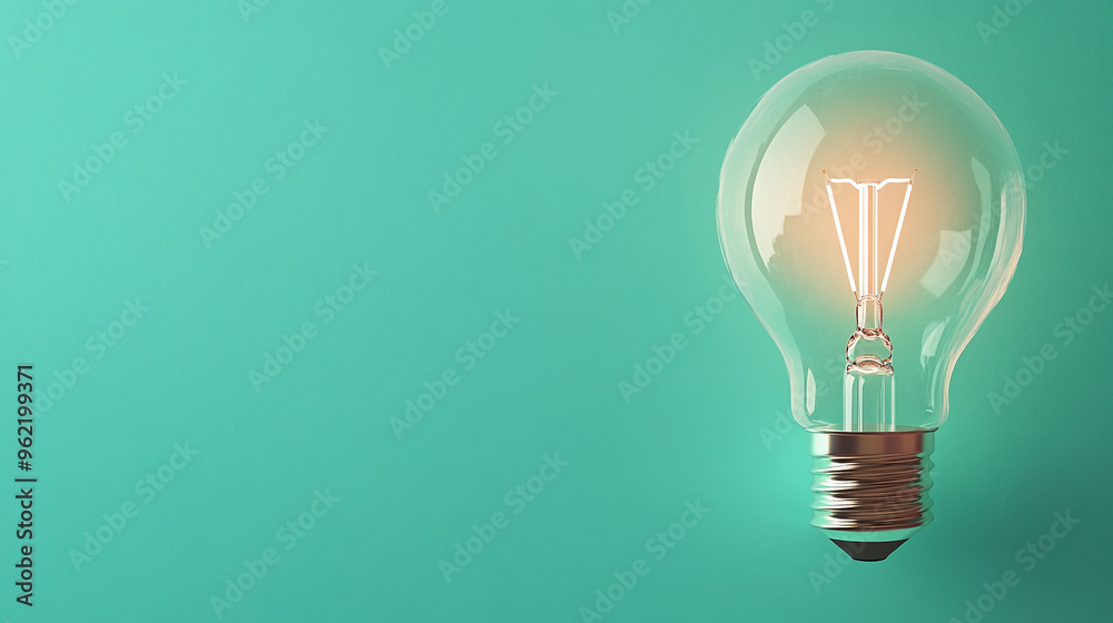 Floating on right side of the image A glowing light bulb against a solid light-green background Floating on right side of the image A glowing light bulb against a solid light-green background
