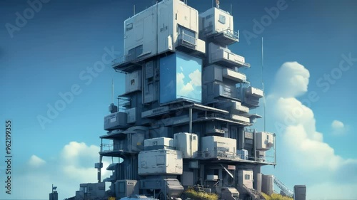 Futuristic Building with Blue Sky and Clouds