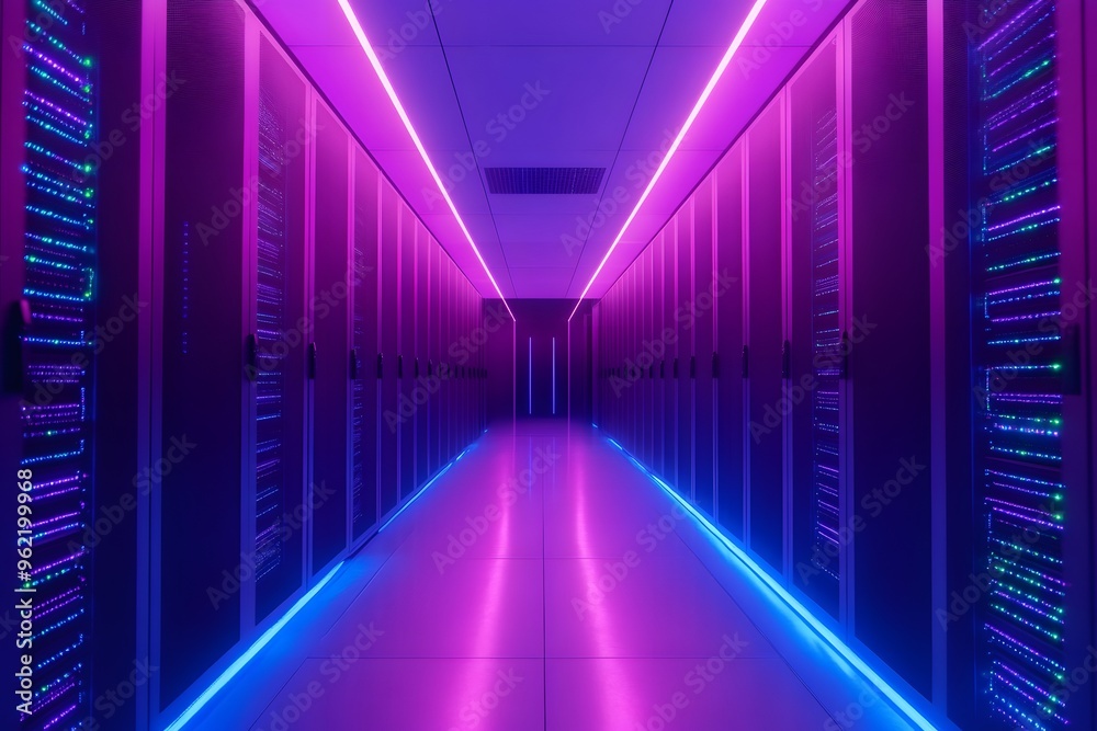 Illuminated data center corridor with vibrant pink and blue lights creating a modern and high-tech atmosphere. Represents technology, connectivity, and digital infrastructure. Illuminated data center corridor with vibrant pink and blue lights creating a modern and high-tech atmosphere. Represents technology, connectivity, and digital infrastructure.