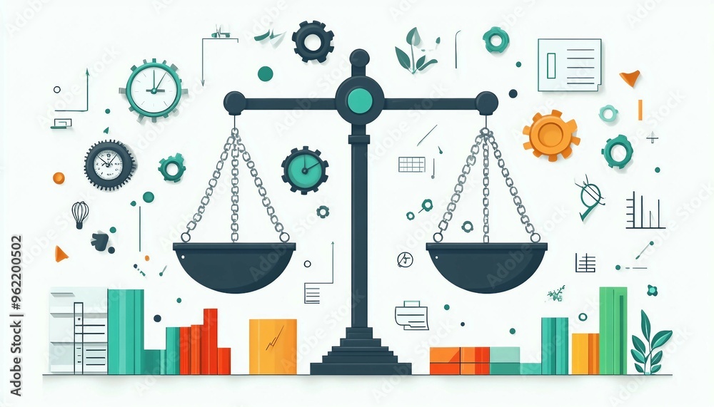 Balancing the Time Management Scales, metaphor of a balanced scale with time management tools Balancing the Time Management Scales, metaphor of a balanced scale with time management tools