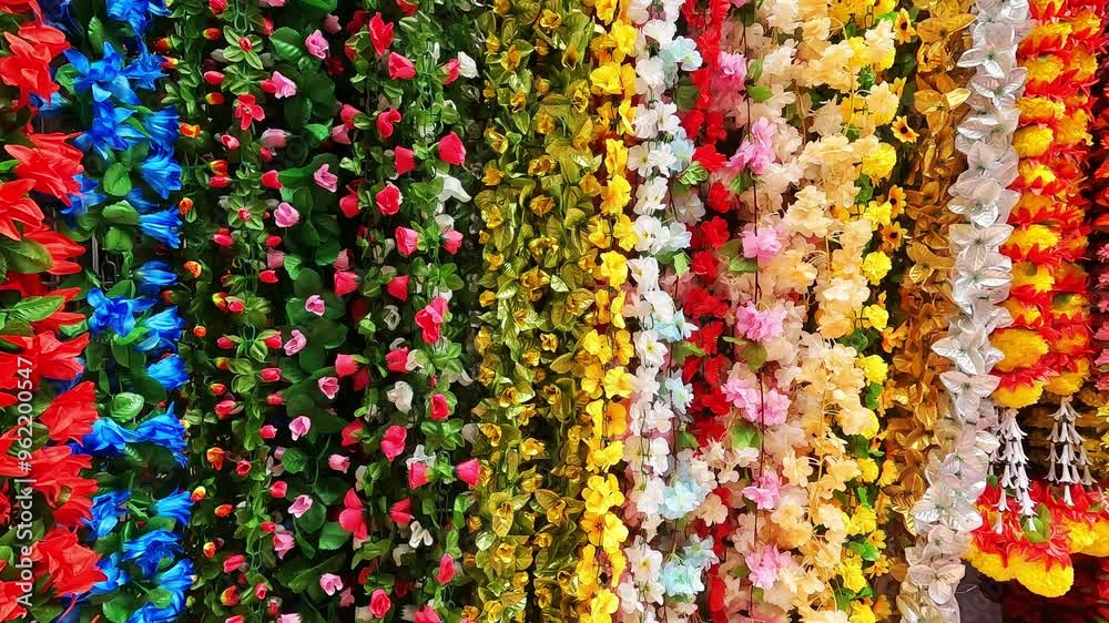 Multicolour artificial flowers (used for Diwali and Ganesh festival decoration, rangoli designs) hanging inside a shop, on the day before Diwali festival and Ganesh Festival. Multicolour artificial flowers (used for Diwali and Ganesh festival decoration, rangoli designs) hanging inside a shop, on the day before Diwali festival and Ganesh Festival.