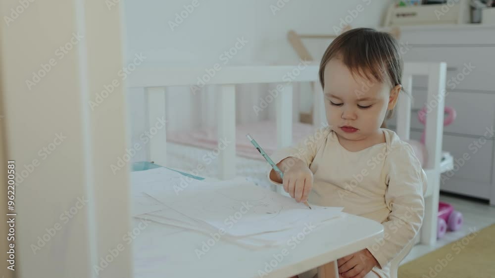 A toddler is happily engaged in fun and creative playtime using paper and pencil tools A toddler is happily engaged in fun and creative playtime using paper and pencil tools