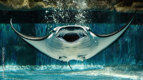   A manta ray gracefully swims through the crystal-clear water beside a majestic rock formation, framed by a stunning waterfall in the backdrop photo