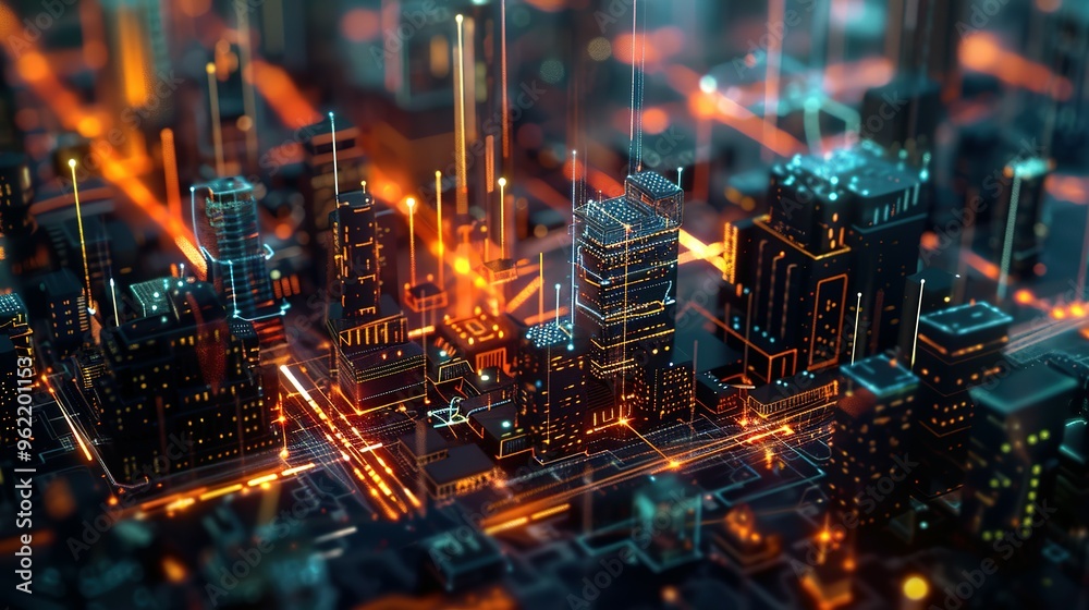 Obraz premium Concept of a smart city and telecommunication network. Abstract mixed media.