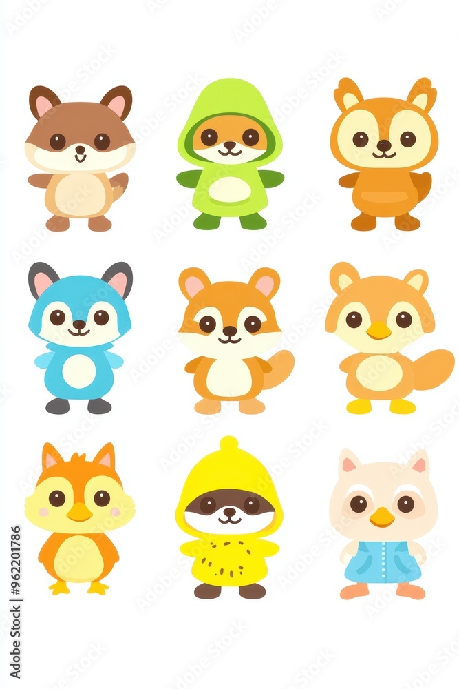 Colorful cartoon animals in various poses dressed in cute outfits displaying playfulness and fun Colorful cartoon animals in various poses dressed in cute outfits displaying playfulness and fun