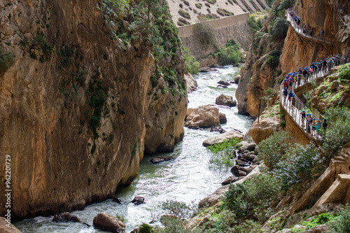 Caminito del Ray, The King's Path. Walkway pinned along the steep walls of a narrow gorge in El Chorro, Malaga, Spain photo