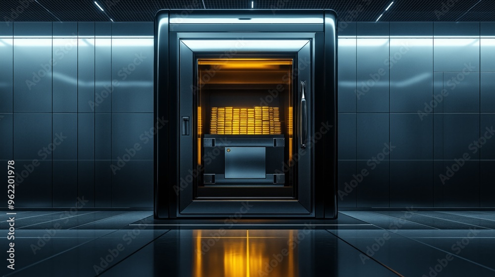A massive bank safe door slightly ajar reveals gold bars in a sleek, modern office with ambient lighting A massive bank safe door slightly ajar reveals gold bars in a sleek, modern office with ambient lighting