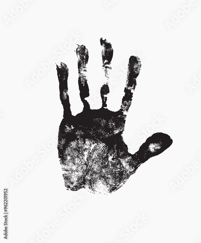 Black print of human hand, skin texture pattern. Scanning the palm and fingers on white background, grunge vector illustration. Children or adult handprint for art, fun, kid, identity, education