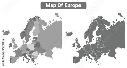 Greyscale Europe political map with borders outline style vector illustration set
