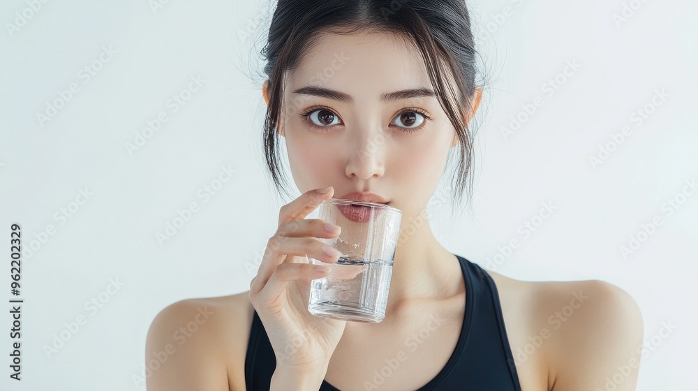A beautiful Japanese woman is drinking water from the glass. Portrait. close up view A beautiful Japanese woman is drinking water from the glass. Portrait. close up view