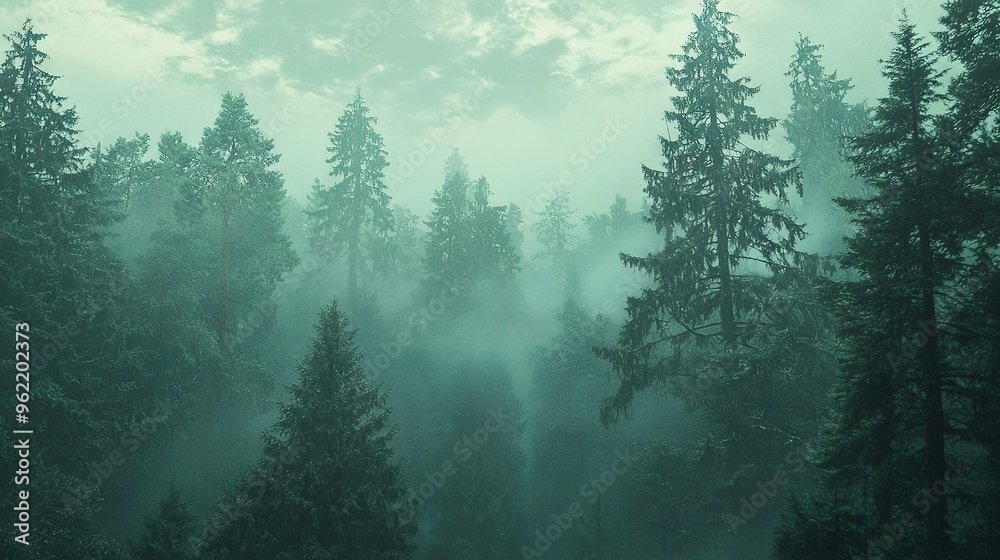 Fototapeta premium A dense, fog-filled forest surrounded by towering pine trees
