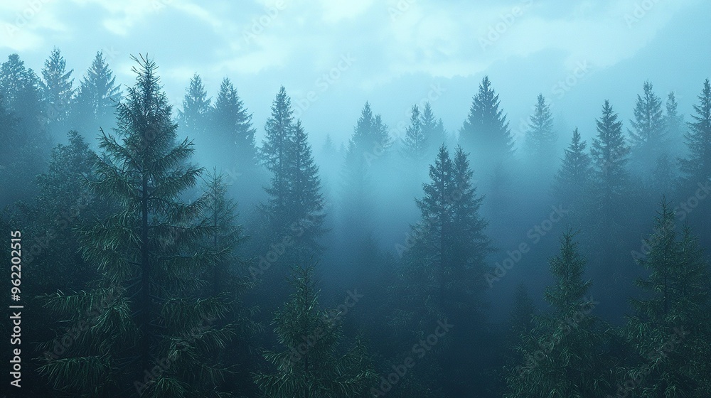 A foggy midday in the heart of a tree-filled forest A foggy midday in the heart of a tree-filled forest