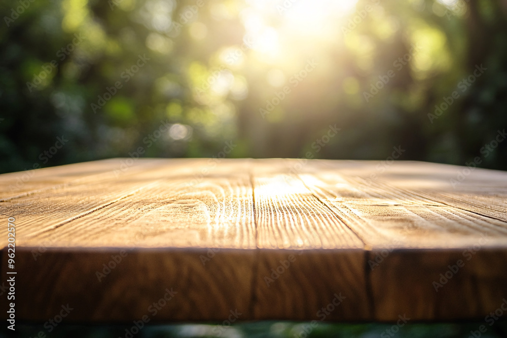 Wooden table surface with a warm sunlit glow and natural light creating a cozy inviting atmosphere in an outdoor setting Wooden table surface with a warm sunlit glow and natural light creating a cozy inviting atmosphere in an outdoor setting