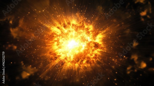 Fiery explosion with intense light rays and glowing particles on dark background, high energy burst, Ai Generation