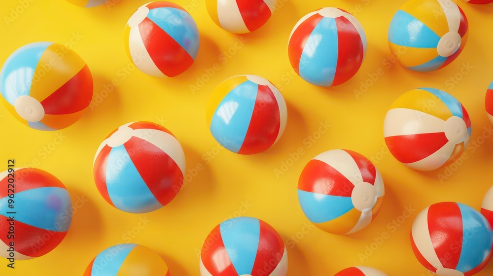 A top view of many beach balls on a bright yellow background.