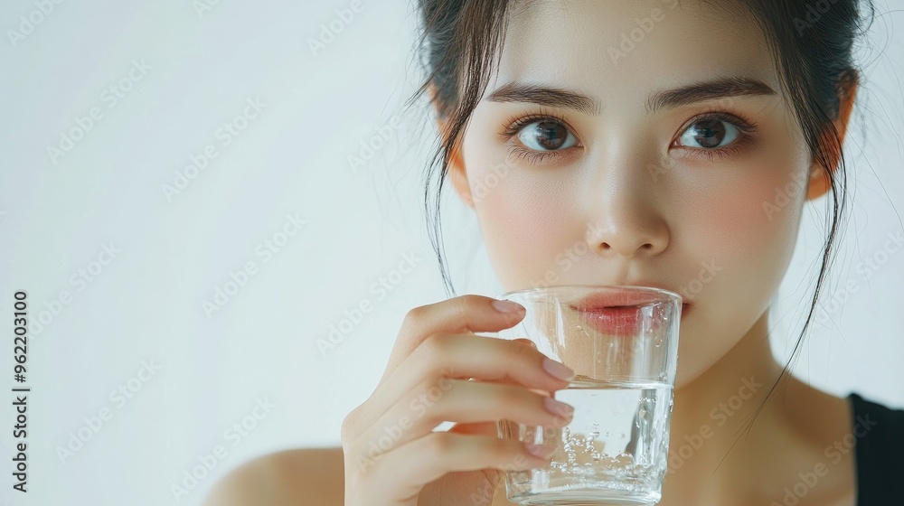 A beautiful Japanese woman is drinking water from the glass. Portrait. close up view A beautiful Japanese woman is drinking water from the glass. Portrait. close up view