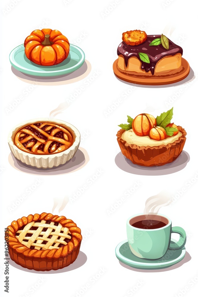 Delicious assortment of autumn desserts on display featuring pumpkin pie, chocolate cake, and more Delicious assortment of autumn desserts on display featuring pumpkin pie, chocolate cake, and more