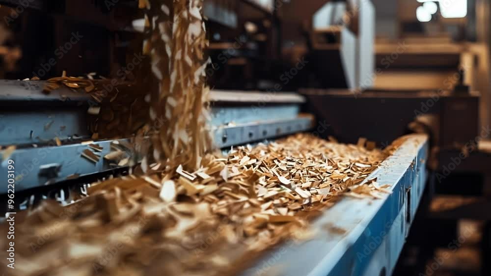 Industrial wood processing equipment is creating wood chips for use in manufacturing particle board or other composite wood products Industrial wood processing equipment is creating wood chips for use in manufacturing particle board or other composite wood products