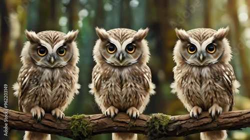 3 cute baby owls sitting on a branch in a forest background.