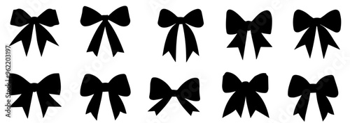 Black silhouette bow set. Collection  bow designs in various styles and shapes, perfect for festive decorations and gift wrapping