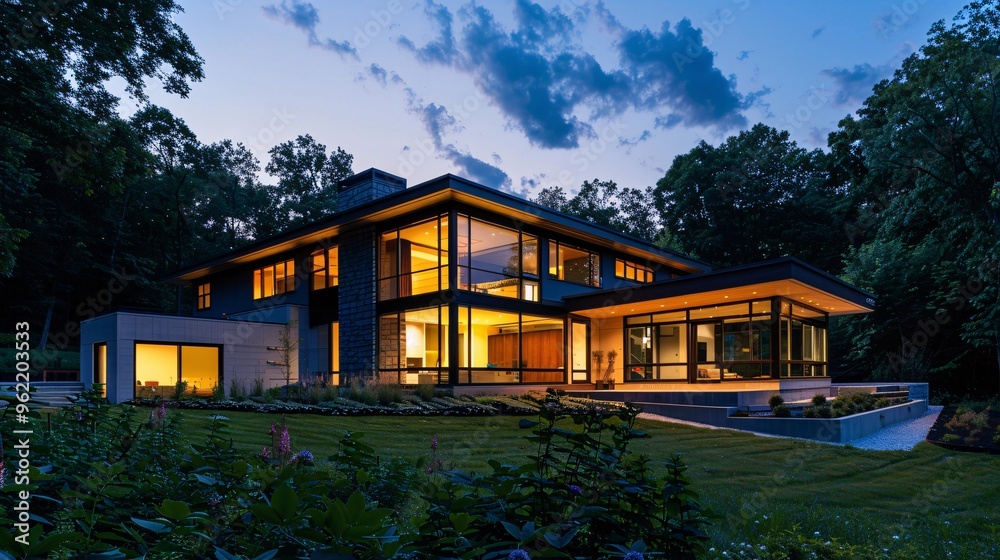 Modern House with Large Windows at Dusk Modern House with Large Windows at Dusk