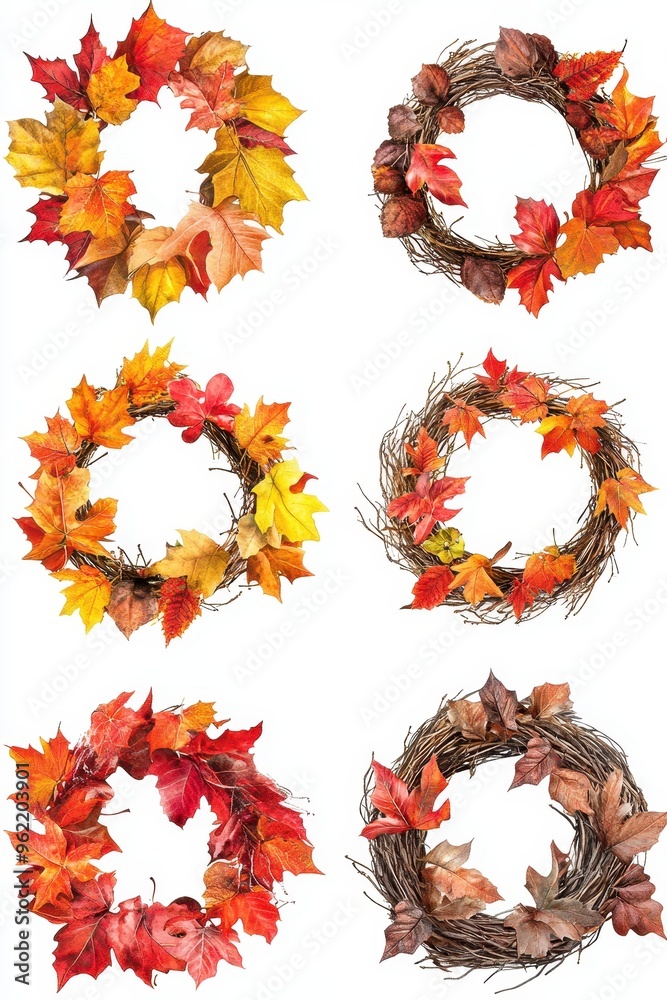 Beautifully crafted autumn wreaths made from colorful leaves showcasing fall's vibrant hues indoors Beautifully crafted autumn wreaths made from colorful leaves showcasing fall's vibrant hues indoors