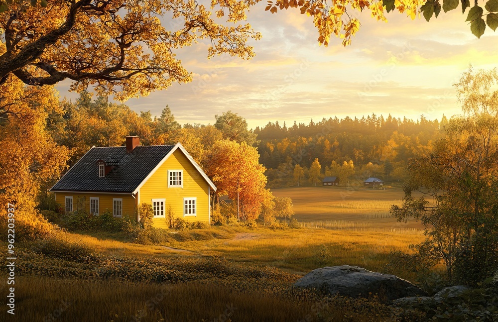 Autumn Scene in the Swedish Countryside with a Yellow House at Golden Hour. AI generated illustration Autumn Scene in the Swedish Countryside with a Yellow House at Golden Hour. AI generated illustration