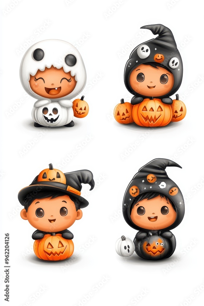 Obraz premium Charming cartoon children in Halloween costumes holding carved pumpkins during a festive celebration