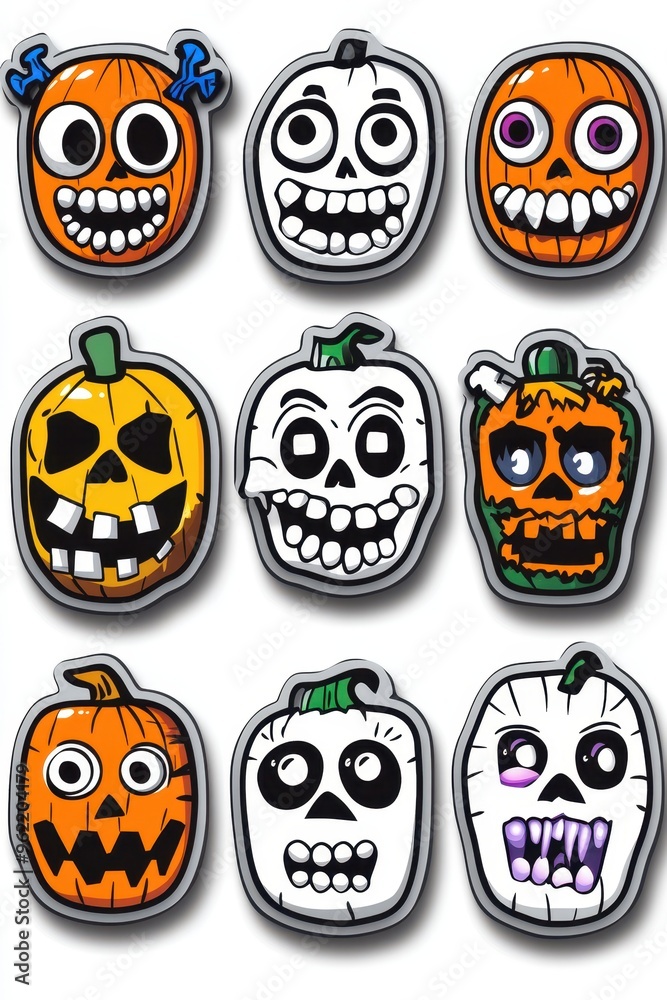 Fototapeta premium Colorful collection of cartoon-style Halloween pumpkins and skeleton faces against a white background